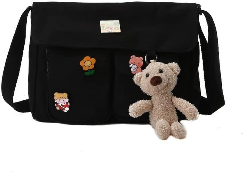 PRAGARI Canvas Crossbody Bag Messenger Cute Bag with Pins and Pendant for Women Girls Casual Shoulder Aesthetic School bag - Image 1